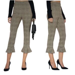 NWT BB DAKOTA New Wave Check Brown Plaid Ruffle Hem High Waist Crop Pants 10